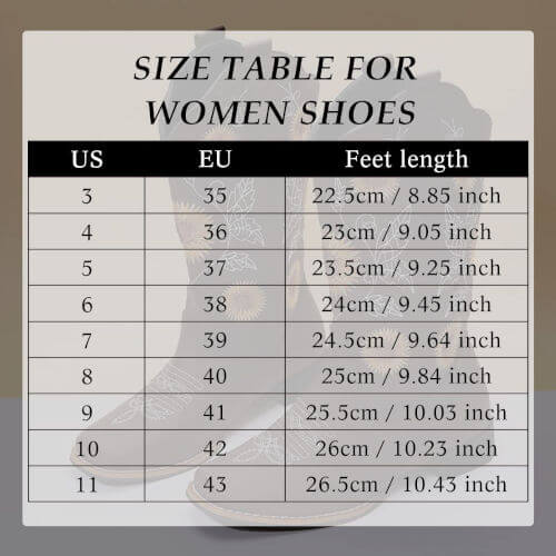 En la foto se muestra una guía de tallas. Asegúrate de medir tus pies y consultar nuestra tabla de tallas antes de realizar tu compra, así podrás disfrutar de la máxima comodidad y estilo.